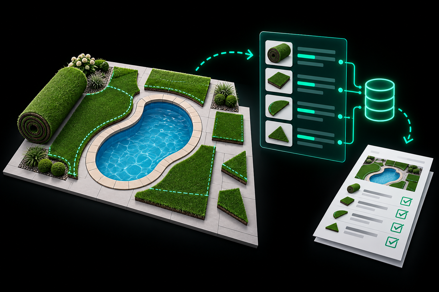 Le plan de pose du gazon autour d’une piscine mène aux découpes, aux matériaux calculés et à un estimé à vérifier.